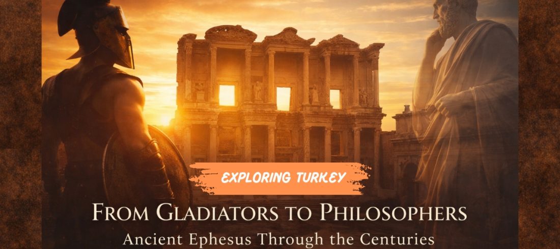 Ancient Ephesus at golden sunset featuring the Library of Celsus with gladiator and philosopher symbolizing Roman and Greek history.