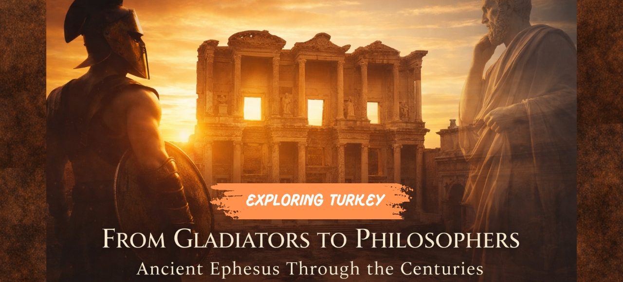 Ancient Ephesus at golden sunset featuring the Library of Celsus with gladiator and philosopher symbolizing Roman and Greek history.