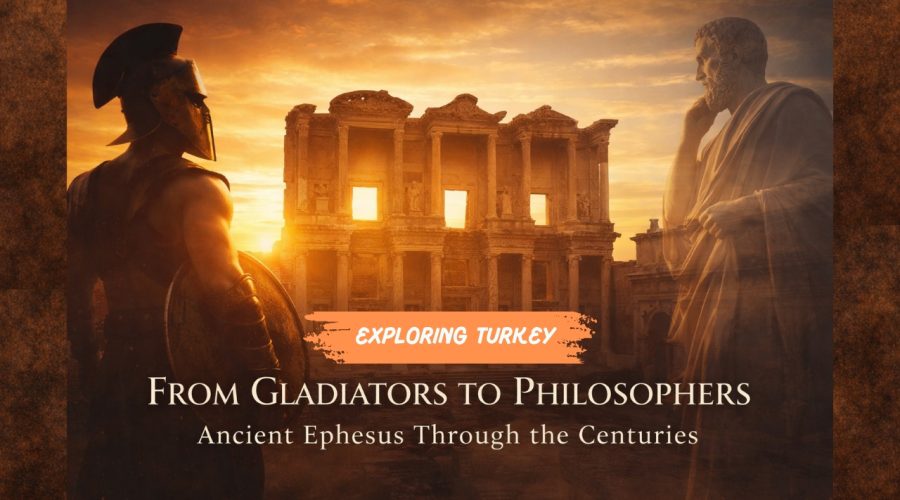 Ancient Ephesus at golden sunset featuring the Library of Celsus with gladiator and philosopher symbolizing Roman and Greek history.