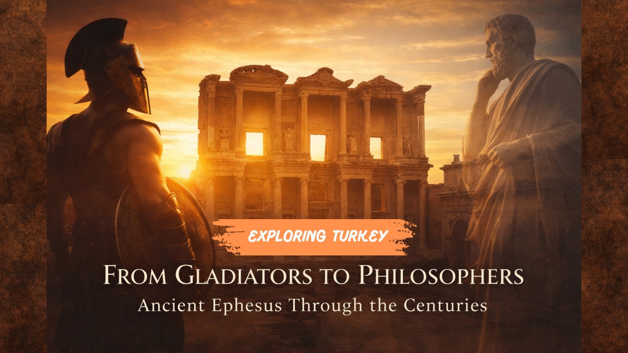 Ancient Ephesus at golden sunset featuring the Library of Celsus with gladiator and philosopher symbolizing Roman and Greek history.