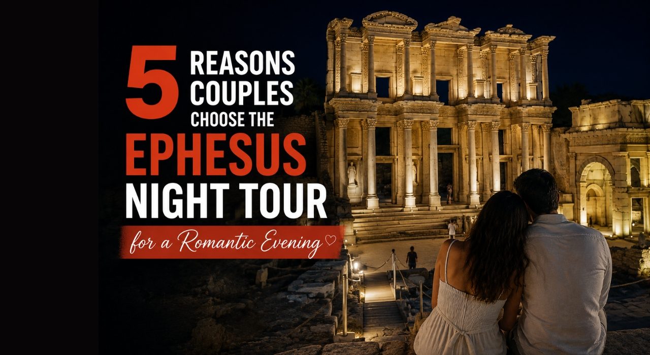 5 Reasons Couples Choose the Ephesus Night Tour Illuminated Celsus Library at Ephesus during a couples' night tour under the stars