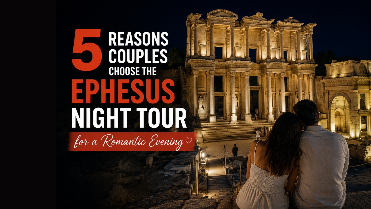 Illuminated Celsus Library at Ephesus during a couples' night tour under the stars