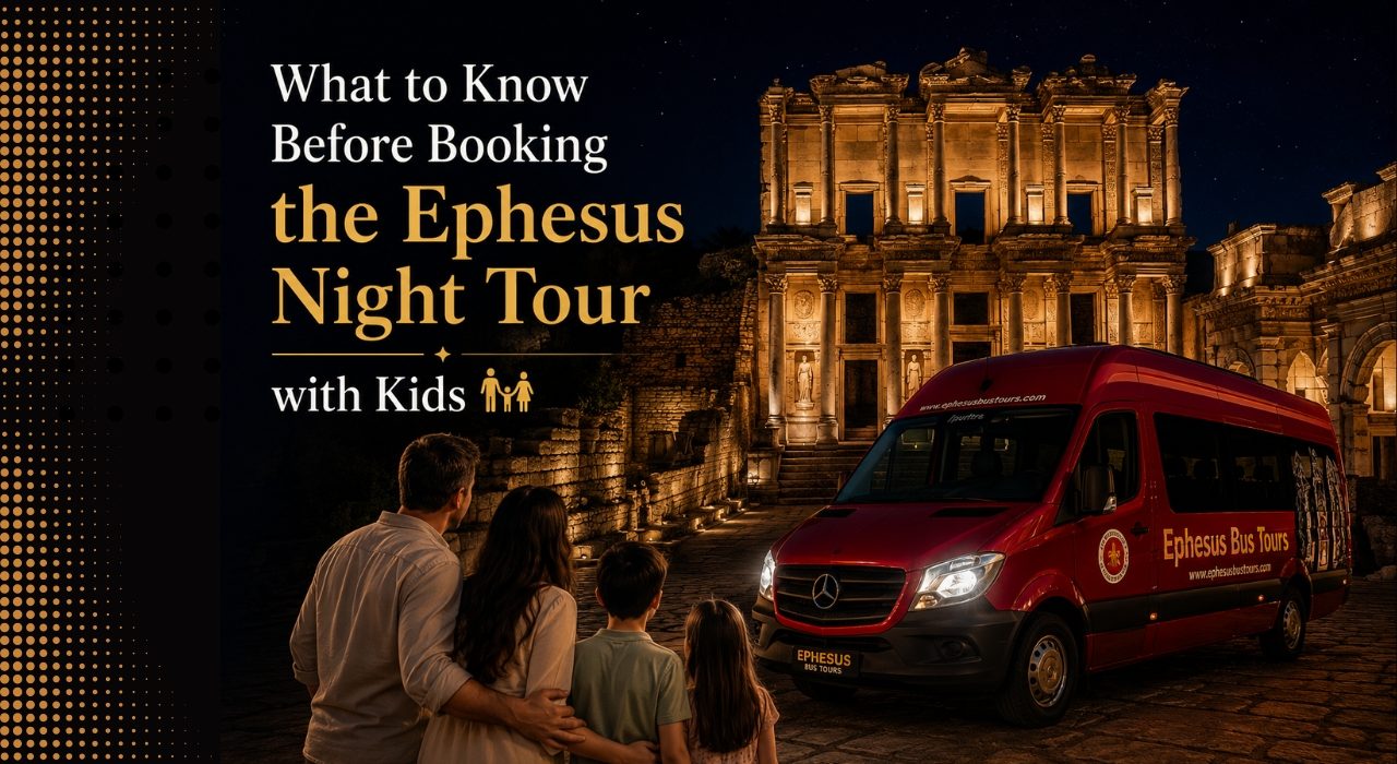 Ephesus Night tour with Family Family enjoying the Ephesus Night Tour with illuminated Celsus Library in the background