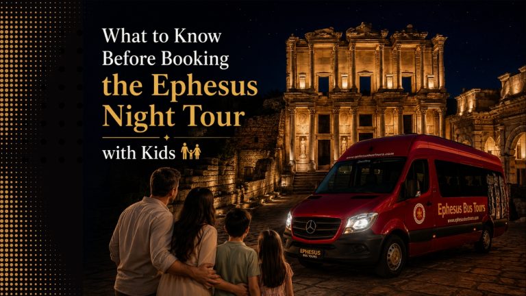 Family enjoying the Ephesus Night Tour with illuminated Celsus Library in the background