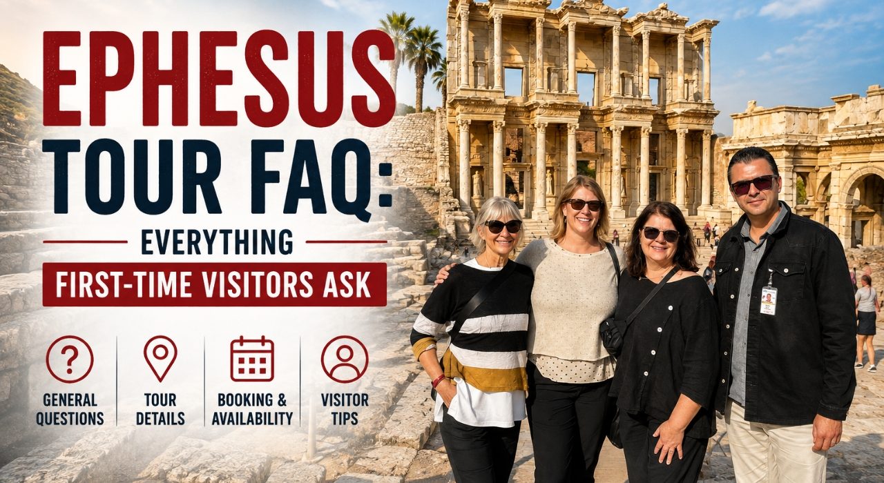 Ephesus Tour FAQ — Everything Visitors Ask Three visitors standing in front of the Library of Celsus at Ephesus, on the cover of a frequently asked questions guide for Ephesus tours