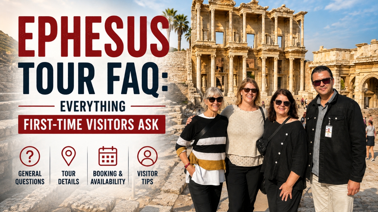 Three visitors standing in front of the Library of Celsus at Ephesus, on the cover of a frequently asked questions guide for Ephesus tours