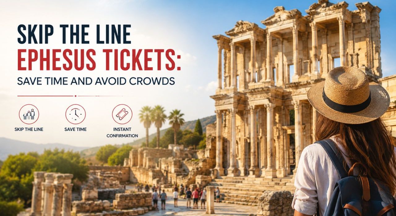 Skip the Line Ephesus Tickets Visitor in a sun hat looking at the Library of Celsus at Ephesus, with skip-the-line ticket information