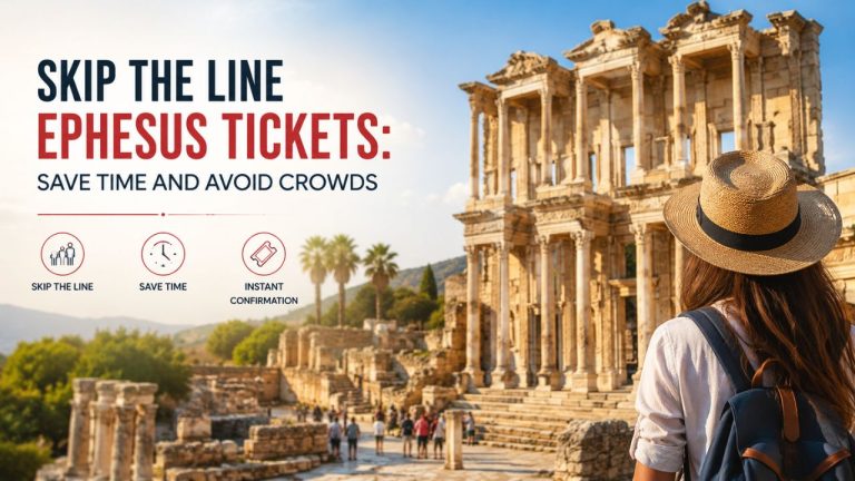 Visitor in a sun hat looking at the Library of Celsus at Ephesus, with skip-the-line ticket information