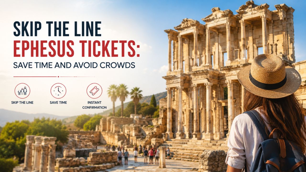 Visitor in a sun hat looking at the Library of Celsus at Ephesus, with skip-the-line ticket information